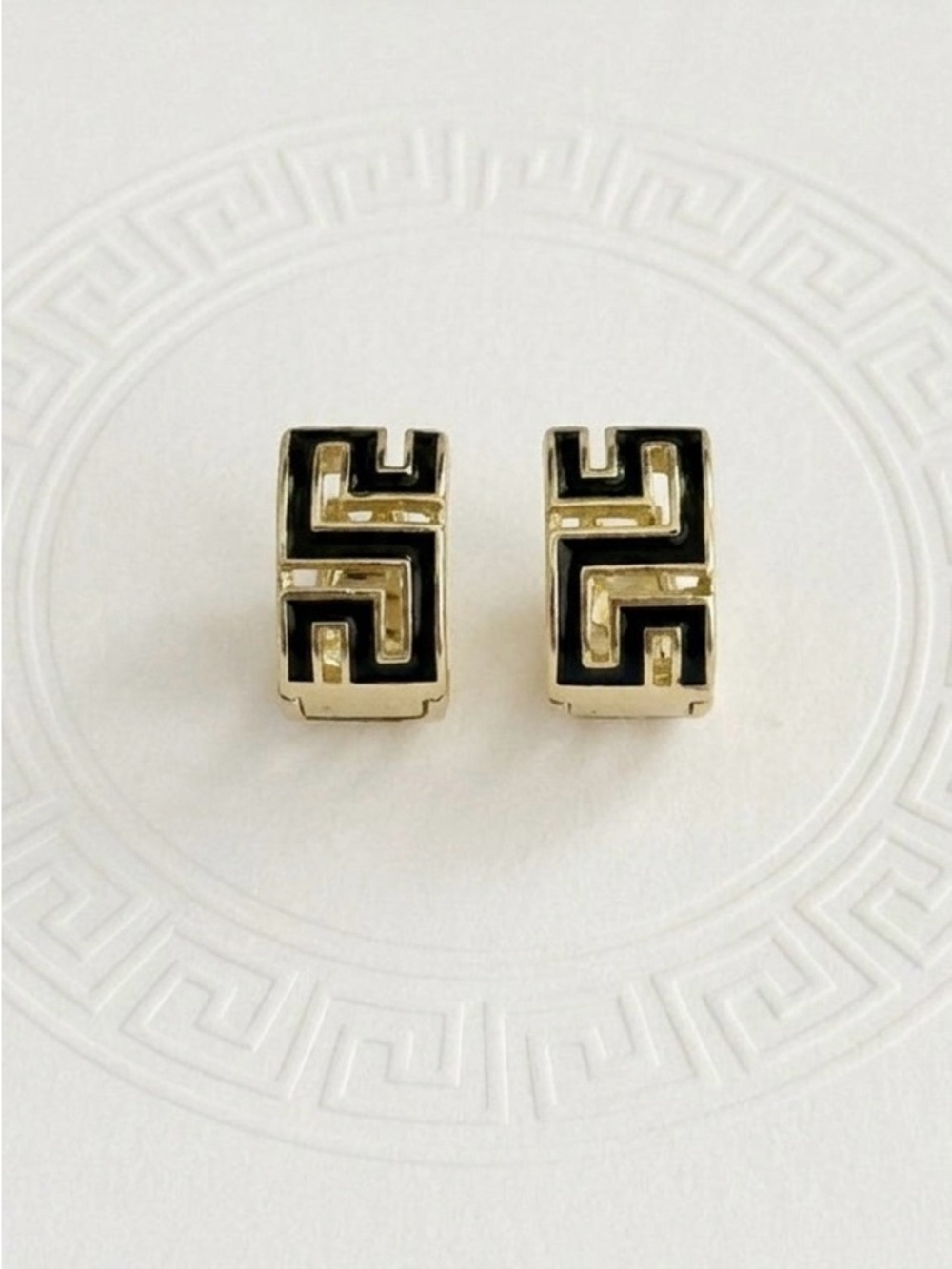 14K Gold Plated Black Enamel Greek Key Huggie Hoop Earrings | Meander Design - Picture 3 of 10